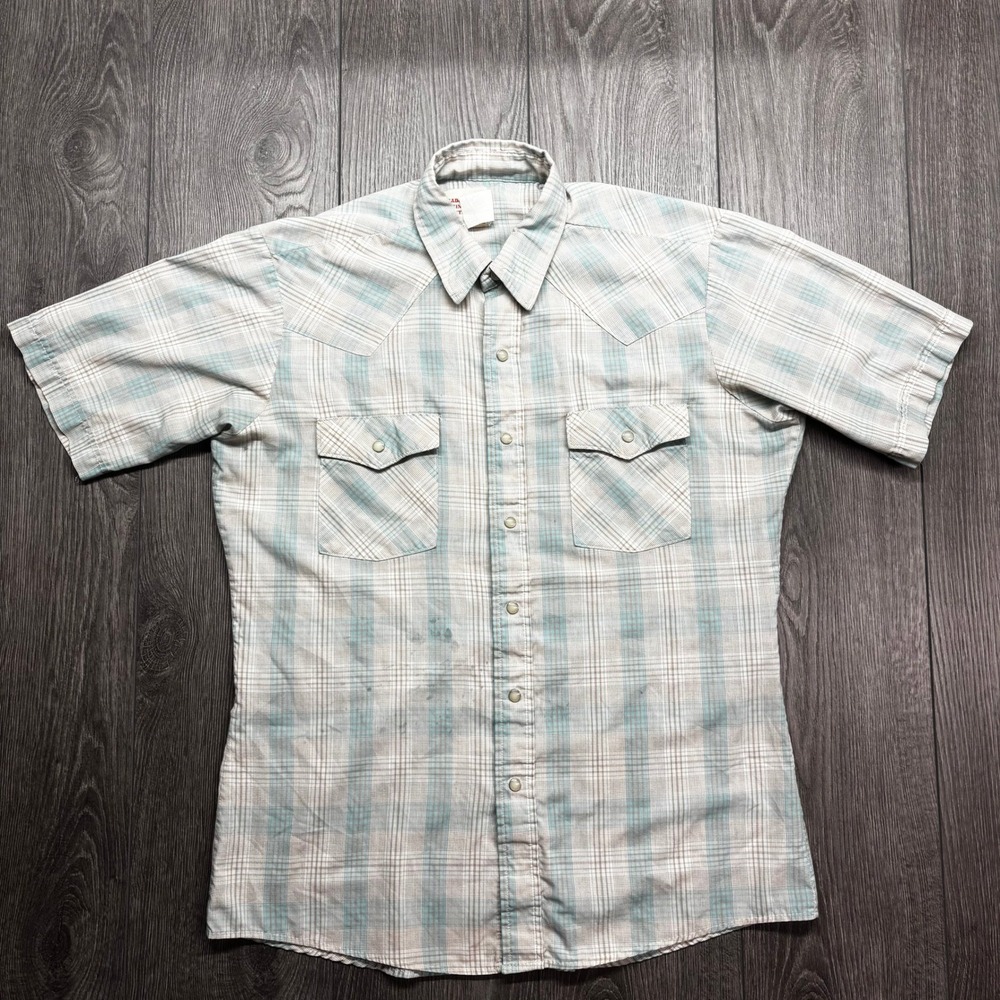 Vintage Saddle King Western Pearl Snap Shirt Mens Blue Tan Plaid Short Sleeve